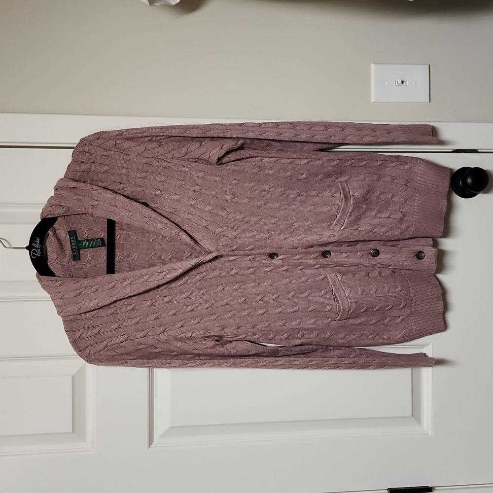 Ralph Lauren Womens Lavender Purple Cable Knit Cardigan Sweater Large NEW
